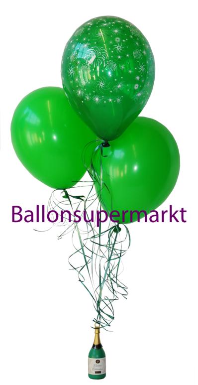 Silvester-Bouquet aus Ballons, Tischdeko zur Silvesterparty, Bukett aus grnen Ballons, Gewicht fr Heliumballons als Sektflasche