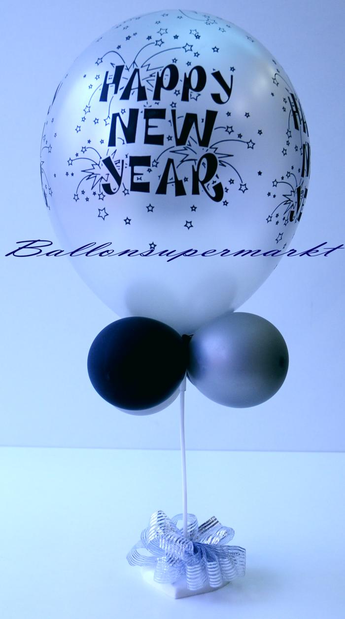 Tischdekoration aus dem Luftballon Happy New Year mit Zierschleife und Luftballonhalter vom Ballonsupermarkt-Onlineshop